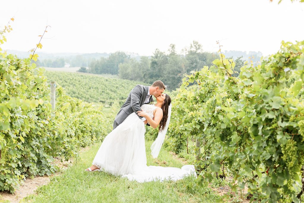 bride and groom in in traverse city winery wedding vineyards