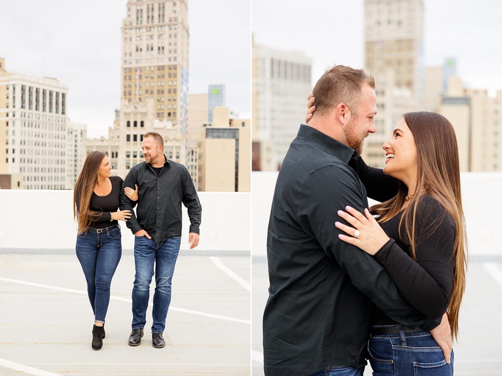Downtown Detroit engagement session on a rooftop
