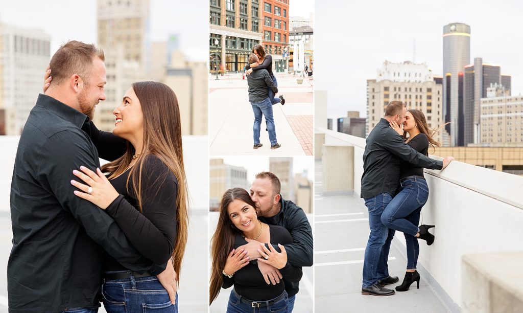 Rooftop engagement pictures in Detroit by Sydney Madison Photography